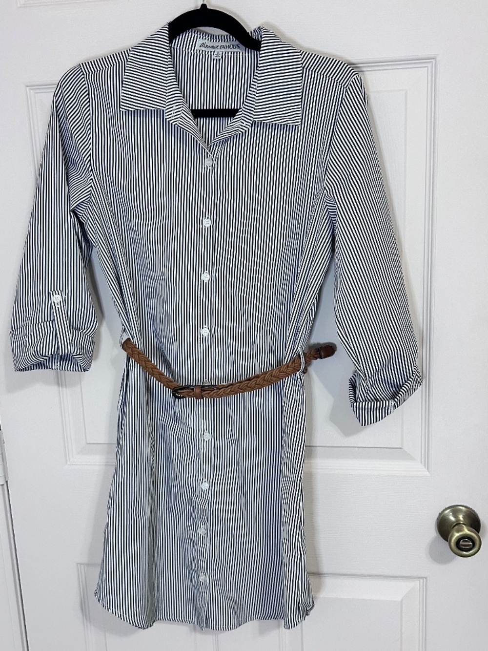 Almost Famous Black and White Pinstripe Button Up Dress with Belt| Size M